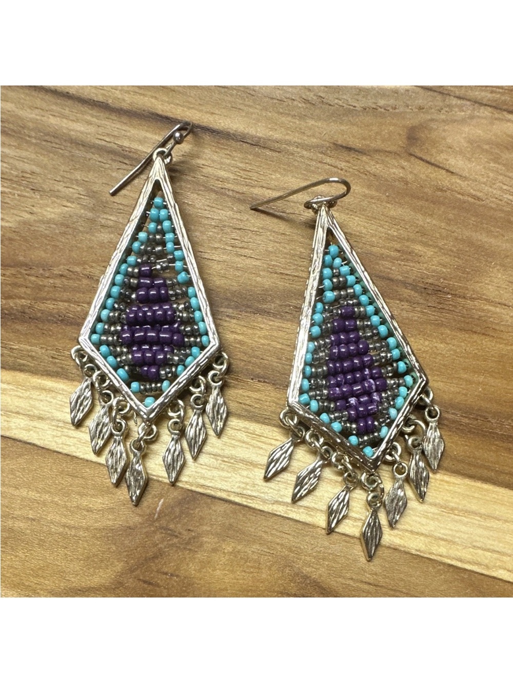 Purple and Turquoise Beaded Dangle Earrings with Gold Accents